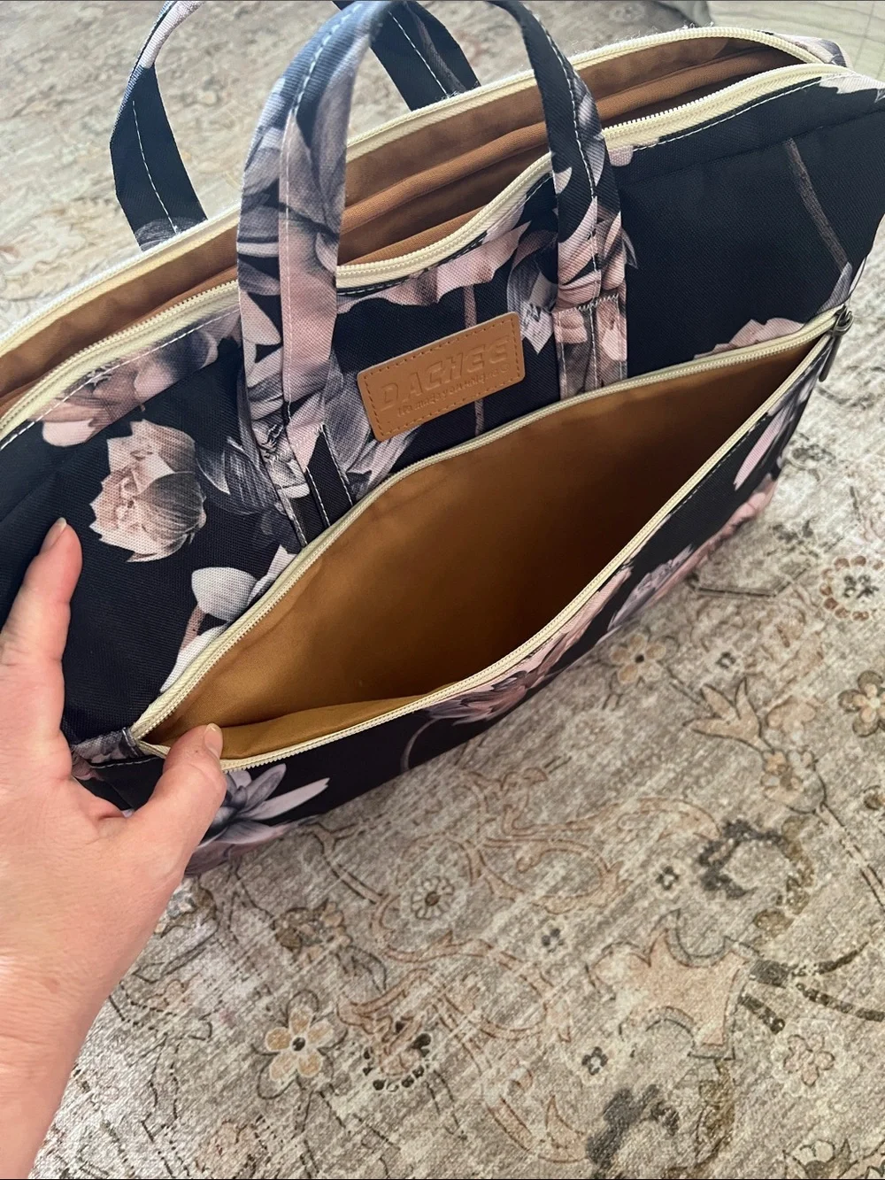 Floral Black Laptop Tote Bag with Cream Strap